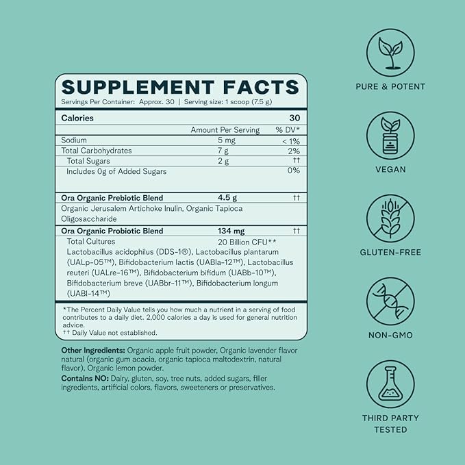 Ora Organic Prebiotic and Probiotic Powder Supplement - 20 Billion Probiotics, 7 Strains for Best Prebiotic Powder, Non-GMO, Probiotics for Women, Men & Kids - Lavender Lemonade Flavor, 30 Servings