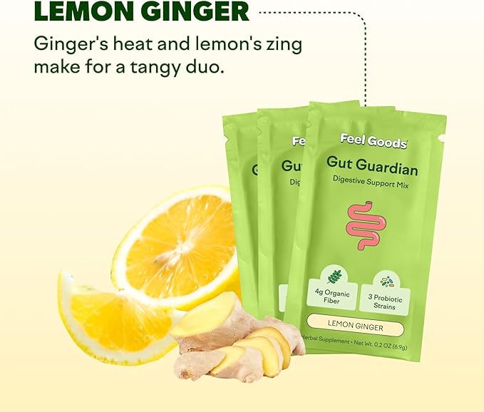 Feel Goods Gut Guardian, Organic Fiber, Probiotic & Prebiotic Powder, Sugar Free, Herbs for Bloat, Gut Health Support, Digestive Health for Men & Women, Non GMO, Vegan, Lemon Ginger, 15 Count