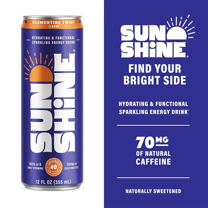 Sunshine Sparkling Energy Drink, Variety Pack with Daily Essential Vitamins, 360mg of Electrolytes, 70mg of Natural Caffeine, 12 Fl Oz (Pack of 12)