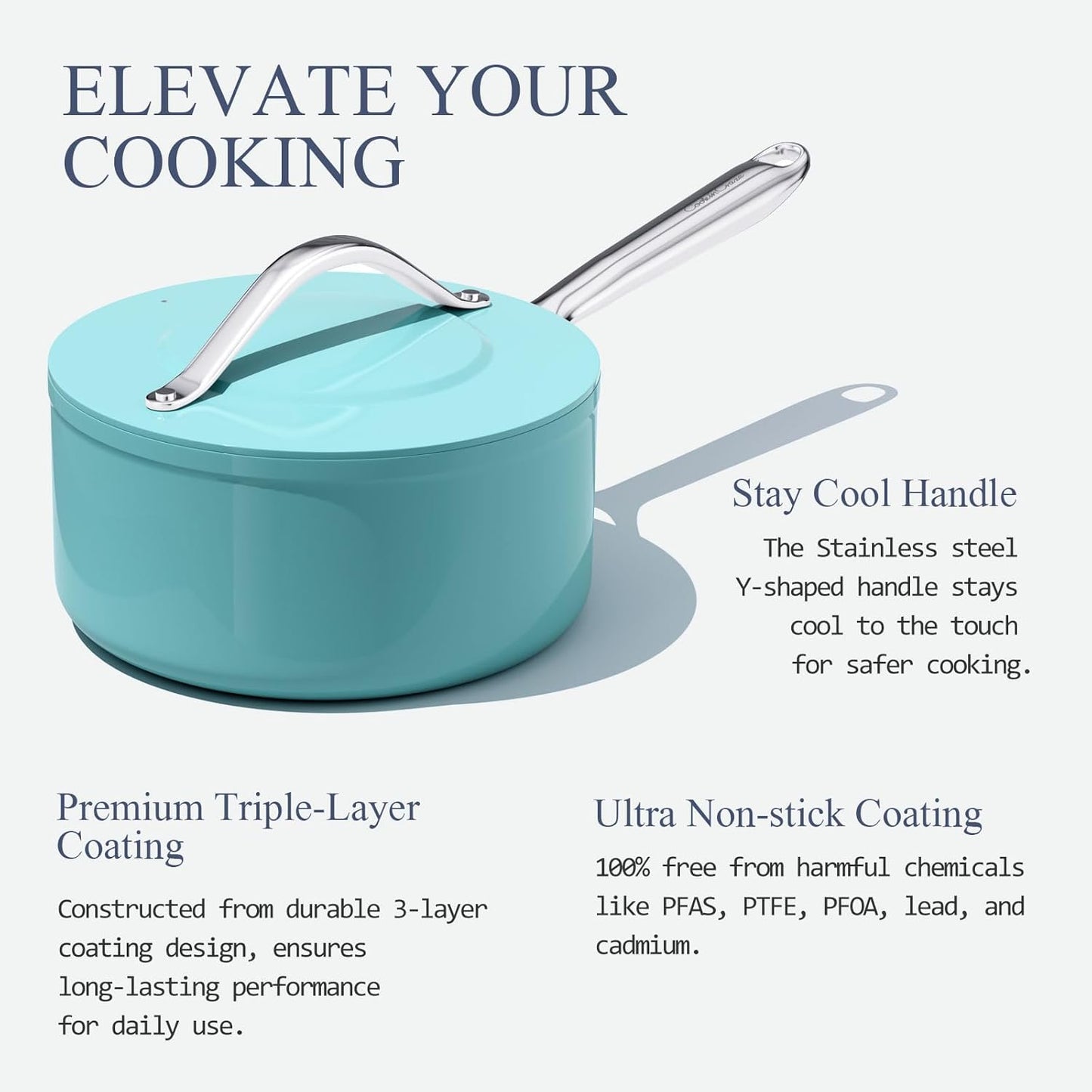3.5qt Nonstick Ceramic Sauce Pan with Lid (8.19") Even Heat Distribution Non Toxic PFAS Free Healthy Cooking Pot for All Stovetops (Induction/Gas/Electric) Oven Safe 500ยฐF, Caribbean Blue