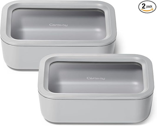 Caraway 2pc Glass Food Storage Set - 6.6 Cup Food Containers (2) - Ceramic Coated - Non Toxic, Non Stick Lunch Box with Lids. Dishwasher, Oven, & Microwave Safe - Gray