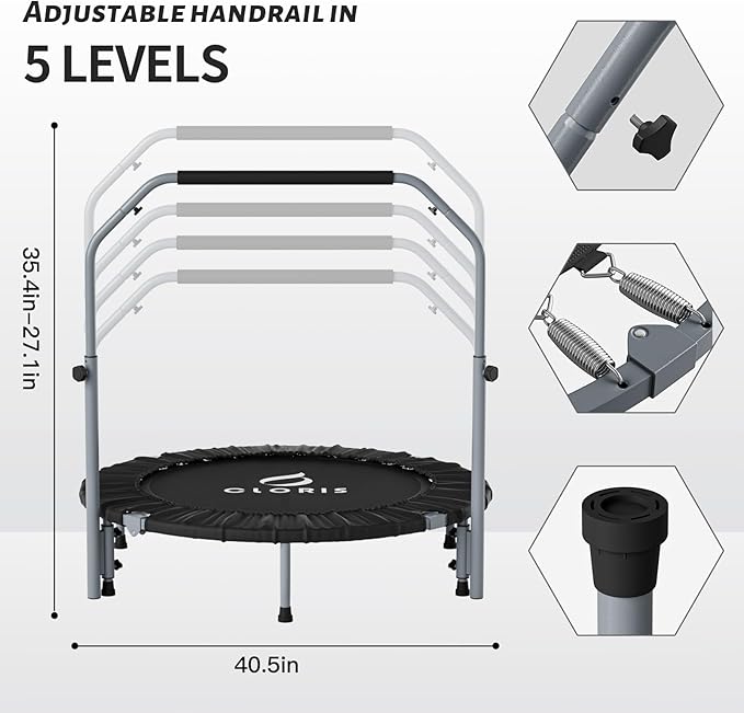 CLORIS 40in Folding Trampoline Mini Trampoline Rebounder Trampoline for Adults Fitness Trampoline with Adjustable Foam Handle, with safty Padded Cover Best Gift for Kids/Adult