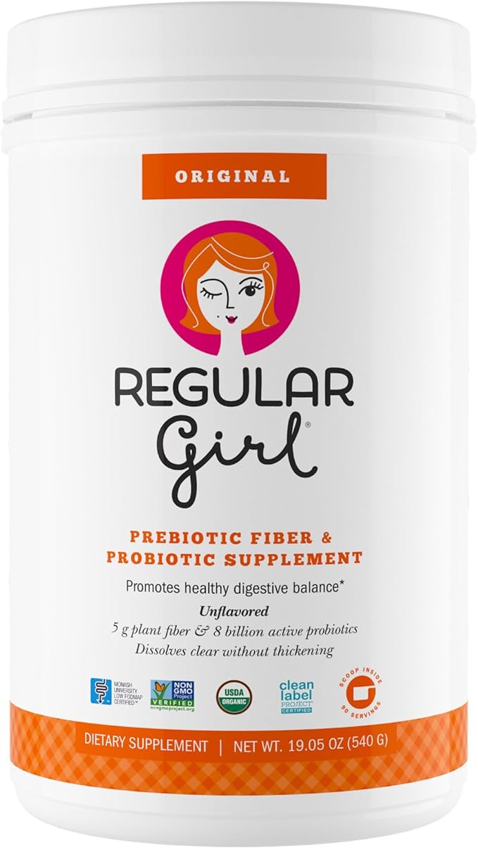 Regular Girl Organic Powder, Prebiotic Fiber Supplement and Probiotics for Women, Low FODMAP, 90 Day Bulk Supply, Unflavored, 90 Servings