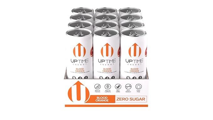 UPTIME Energy Drink, Blood Orange Sparkling, 12 Pack, Vitamin C, L Theanine, Calcium, Sugar Free Energy Drinks for Focus Support, 142mg of Natural Caffeine, 0 Calories, Clean, Natural, 12 fl oz Cans