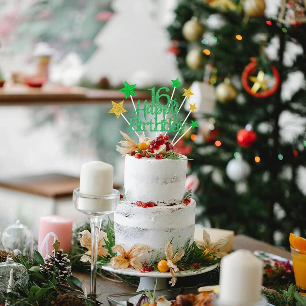 Glittery 16th Happy Birthday Cake Topper with Star,Personalised 16 Birthday Cake Toppers Party Decorations Party Supplies for Boys Girls Green Gold