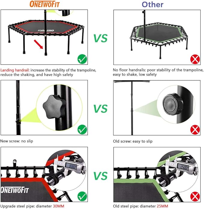 ONETWOFIT 48" Silent Mini Trampoline with Adjustable Handle Bar Fitness Trampoline Bungee Rebounder Jumping Cardio Trainer Workout for Adults