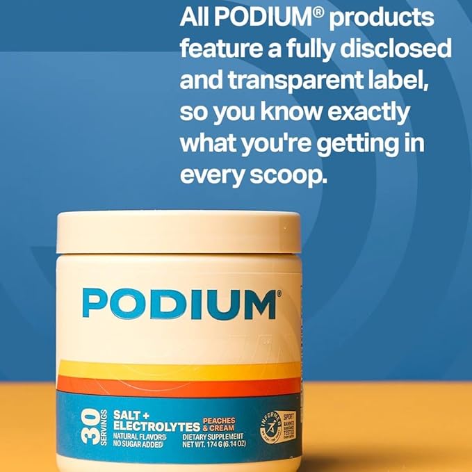 Podium Nutrition Training Salt + Electrolytes Powder, Peaches & Cream, Post Workout Hydration & Muscle Recovery Support, Electrolyte Drink, Magnesium, Potassium, Calcium & Sodium Salts, 30 Servings