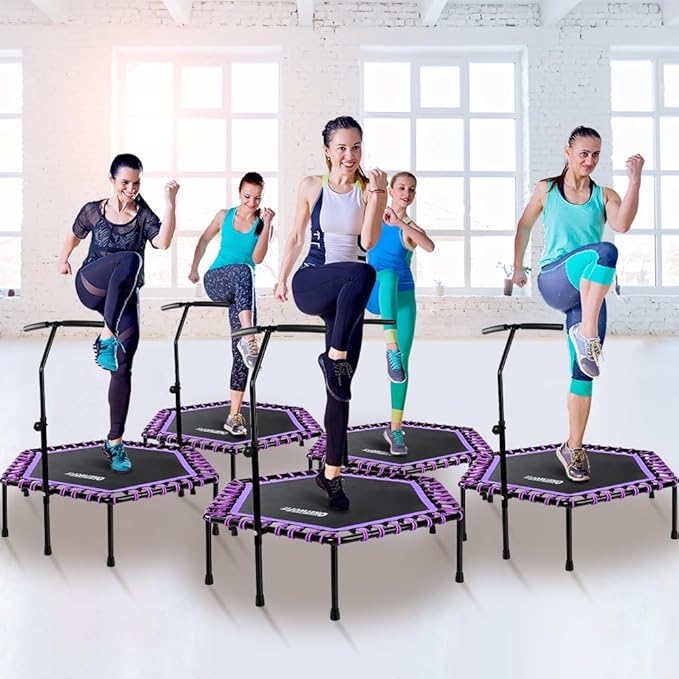 ONETWOFIT 48" Silent Mini Trampoline with Adjustable Handle Bar Fitness Trampoline Bungee Rebounder Jumping Cardio Trainer Workout for Adults