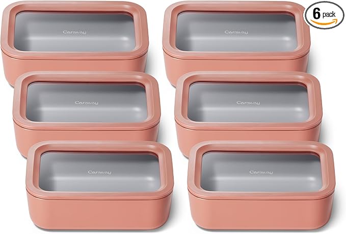 Caraway 6pc Glass Food Storage Set – 6.6 Cup Food Containers (6) - Ceramic Coated - Non Toxic, Non Stick with Lids - Microwave Safe - Perracotta