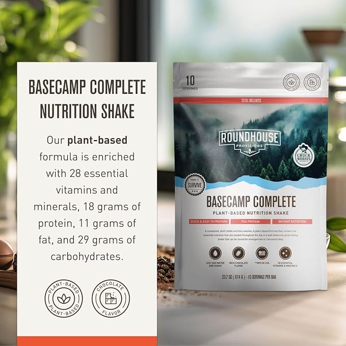 Basecamp Complete Nutrition Shake by Chuck Norris Roundhouse Provisions – Plant-Based Emergency Meal with 18g Protein & 28 Essential Nutrients – Rich Chocolate Flavor – 10 Servings, 3-Year Shelf Life