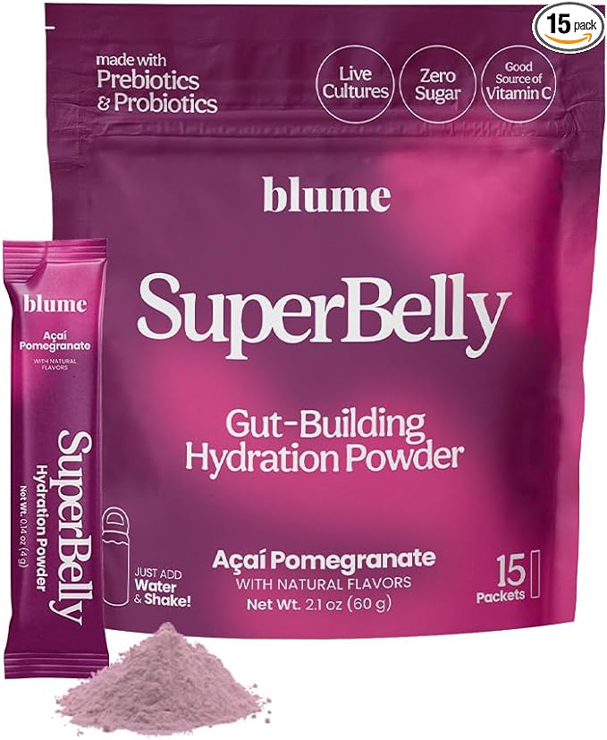 Blume SuperBelly Gut Health and On-The-Go Hydration Packets, Sugar-Free, with Prebiotics, Probiotics, Apple Cider Vinegar, Vitamin C, and Electrolytes, Açai Pomegranate, 15 Sticks