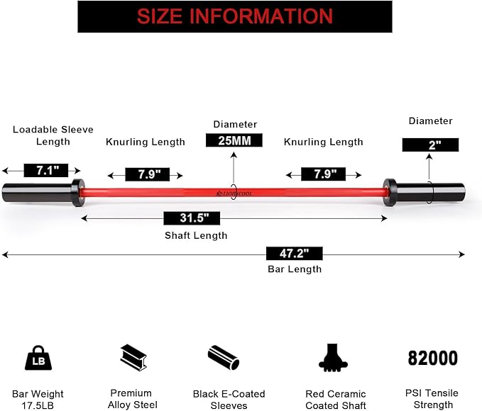 LIONSCOOL Premium 4ft/4.9ft/6ft Barbell for Strength Training and Olympic Weightlifting, 2 Inch Bar for Squats, Curls, Deadlifts, Presses, Hip Thrusts, 350lbs/500lbs/700lbs Weight Capacity