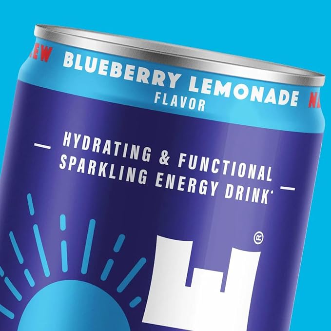 Sunshine Sparkling Energy Drink, Blueberry Lemonade with Daily Essential Vitamins, 360mg of Electrolytes, 70mg of Natural Caffeine, 12 Fl Oz (Pack of 24)