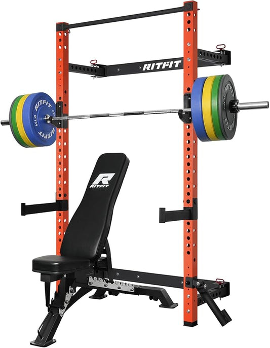 RitFit Multi-Functional Folding Squat Rack for Home Gym, 2.36'' x 2.36'' Wall Mounted Squat Rack with Attachments - Space Saving Squat Power Rack