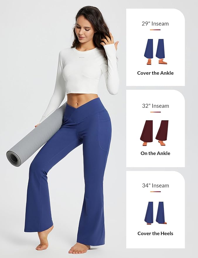 baleaf Women's V Crossover Flare Leggings with Pockets Yoga Pants High Waist Casual Workout Gym Bell Bottom Leggings