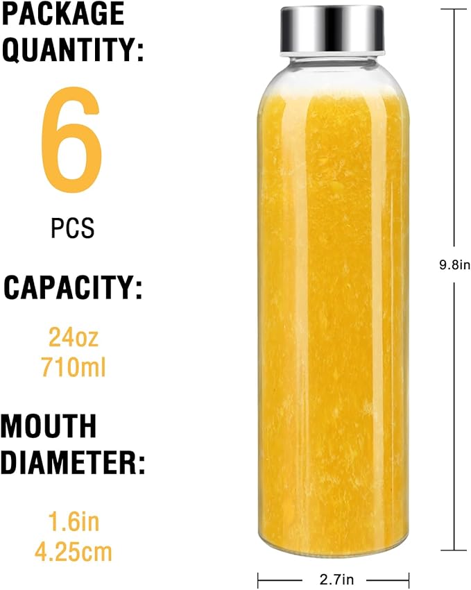 Sursip 24oz Glass Water Bottle Set of 6, Leak Proof Clear glass juice bottle for juicing, Reusable Drinking Bottles with Stainless Steel Lid, Beverage Storage Containers for Refrigerator-BPA Free