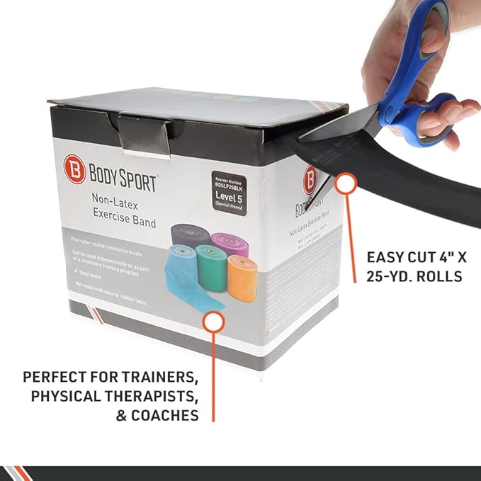 Body Sport Exercise Band, 25 yd. x 4 in. Roll, Low Resistance - Home & Gym Fitness Equipment for Stretching, Strength Training & Physical Therapy (Light Resistance Blue)