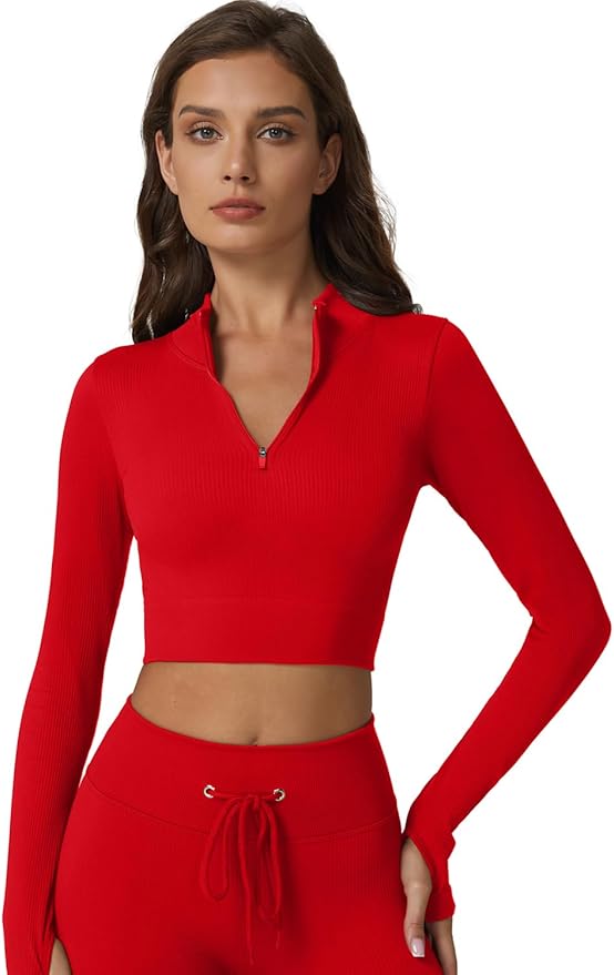 QINSEN Workout Sets for Women 2 Piece Seamless Long Sleeve Crop Tops Ribbed High Waist Leggings