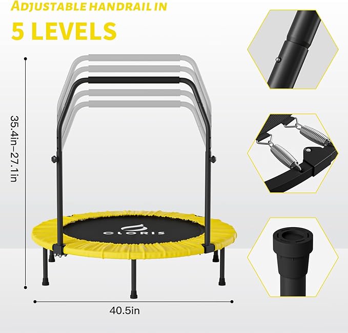 CLORIS 40in Folding Trampoline Mini Trampoline Rebounder Trampoline for Adults Fitness Trampoline with Adjustable Foam Handle, with safty Padded Cover Best Gift for Kids/Adult