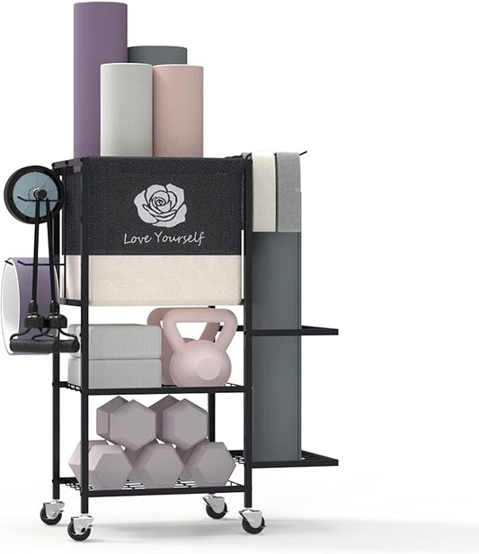 Yoga Mat Storage Rack,Home Gym Storage Rack Gym Workout Equipment Storage Organizer Fitness Weight Rack on Wheels for Yoga Mat,Yoga Block,Foam Roller,Resistance Band,Dumbbell,Kettlebell and Other Workout Accessories