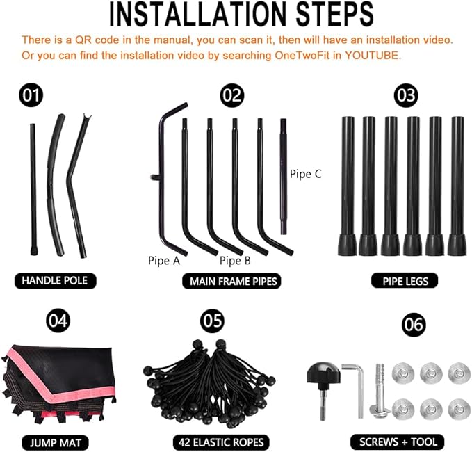 ONETWOFIT 48" Silent Mini Trampoline with Adjustable Handle Bar Fitness Trampoline Bungee Rebounder Jumping Cardio Trainer Workout for Adults