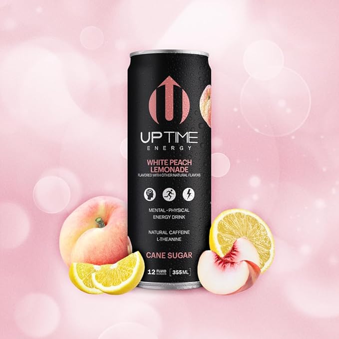 UPTIME Energy – White Peach Lemonade - Cane Sugar (12 Pack), Premium Energy Drink, 12oz Cans, Natural Caffeine, Sparkling, Natural Flavors