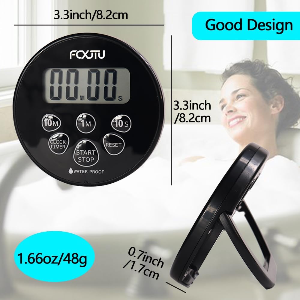 FCXJTU Digital Waterproof Shower Clock Timer, Bathroom Shower Countdown Timer with Alarm, Magnetic Back, Stand for Kitchen Cooking Dark Black