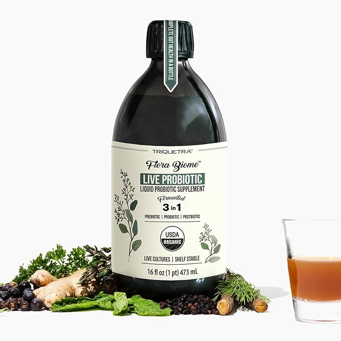 Flora Biome - Live Probiotic, Prebiotic, & Postbiotic – Organic Live-Culture – 10 Probiotic Strains, 18 Fermented Herbs - Complete Gut Health & Microbiome Optimizer (16 oz)