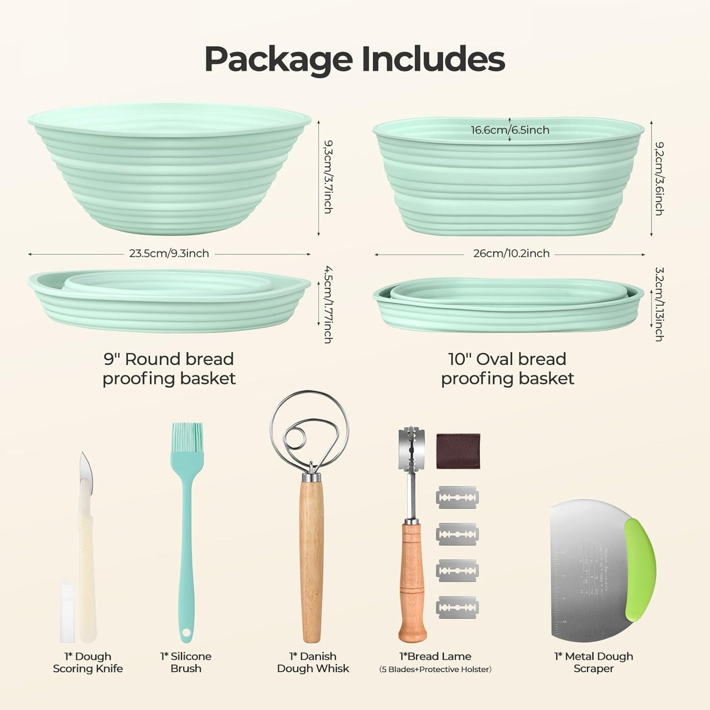Silicone Banneton Bread Proofing Basket Set, 2 Foldable Sourdough Proofing Baskets (9" Round & 10" Oval), Complete Set for Bread Making With Essential Tools, Green