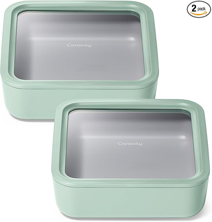 Caraway 2pc Glass Food Storage Set - 10 Cup Food Containers (2) - Ceramic Coated - Non Toxic, Non Stick Lunch Box with Lids. Dishwasher, Oven, & Microwave Safe - Mist
