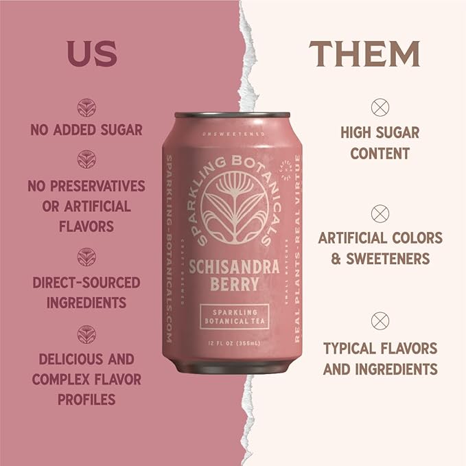 Rishi Tea Schisandra Berry Sparkling Botanicals Sparkling Water - Organic, Unsweetened, Zero Added Sugar, Caffeine Free, Real Plants, Virtus Botanicals - 12 oz (Pack of 12)