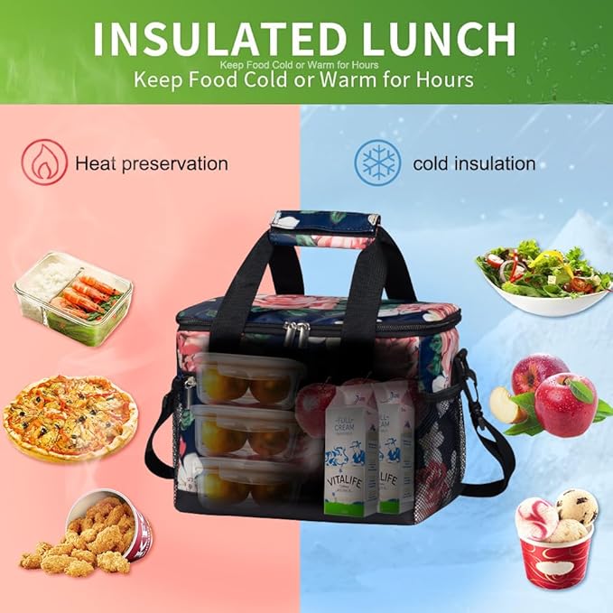 iknoe Large Foldable Cooler Bag, 8.5L Insulated Lunch Bag, Leakproof Lunch Cooler Tote with Multi-Bag Design Suitable for Beach, Picnic and Office Use, Flower 15-Can