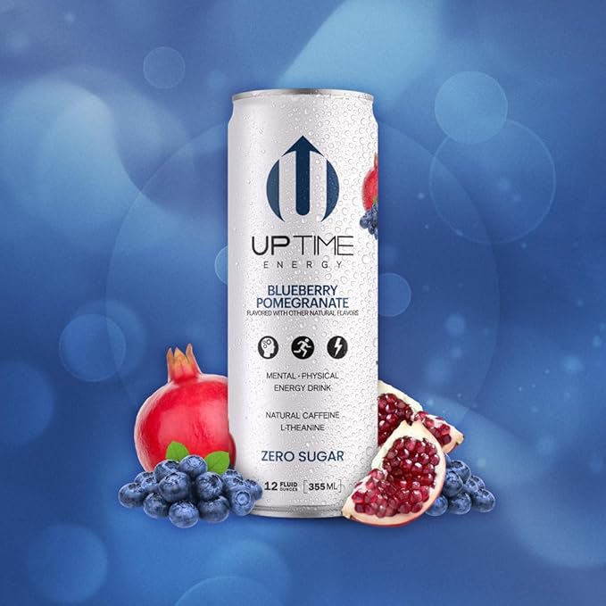 UPTIME Energy Drink, Blueberry Pomegranate, 12 Pack, Vitamin C, L Theanine, Calcium, Sugar Free Energy Drinks for Focus Support, 142mg of Natural Caffeine, 0 Calories, Clean, Natural, 12 fl oz Cans