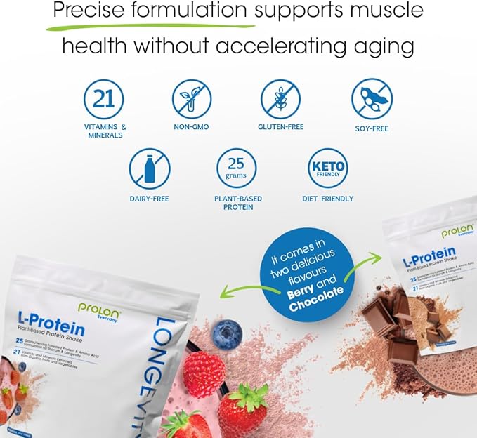 Prolon Longevity Plant Based Protein Powder | Muscle Synthesis & Repair, Healthy Aging, Boost Performance | Vitamins, Gluten Free, Amino Acids, Antioxidants | 25g of Protein | Berry, 24 Packets