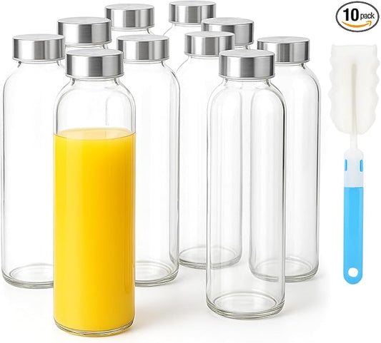 Sursip 24oz Glass Water Bottle Set of 10, Leak Proof Clear glass juice bottle for juicing, Reusable Drinking Bottles with Stainless Steel Lid, Beverage Storage Containers for Refrigerator-BPA Free