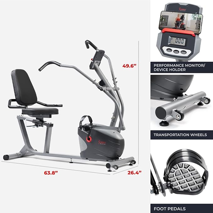 Sunny Health & Fitness Smart Recumbent Bike, Full-Body Home Training with Arm/Leg Exercisers, Indoor Cycling Workout Machine Plus Adjustable Seat & Bulit-in Pulse Sensors, Free SunnyFit App Connection