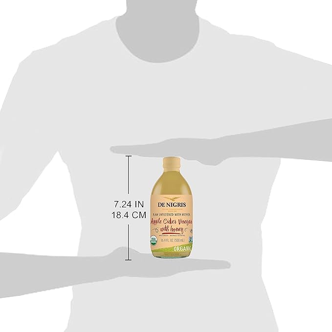 De Nigris Organic Apple Cider Vinegar With Honey Raw & Unfiltered 16,9 Oz (Pack of 2) | Apple Cider Vinegar With Mother, For The Balance Of Metabolism, Organic