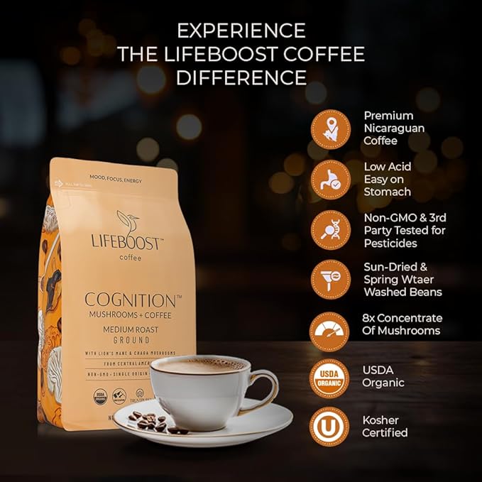 Lifeboost Cognition Adaptogenic Mushroom Coffee - Great Tasting Organic Lions Mane & Chaga Medium Roast Nootropic Coffee - Increase Energy, Boost Focus & Immune Support - 12 oz Bag - Ground