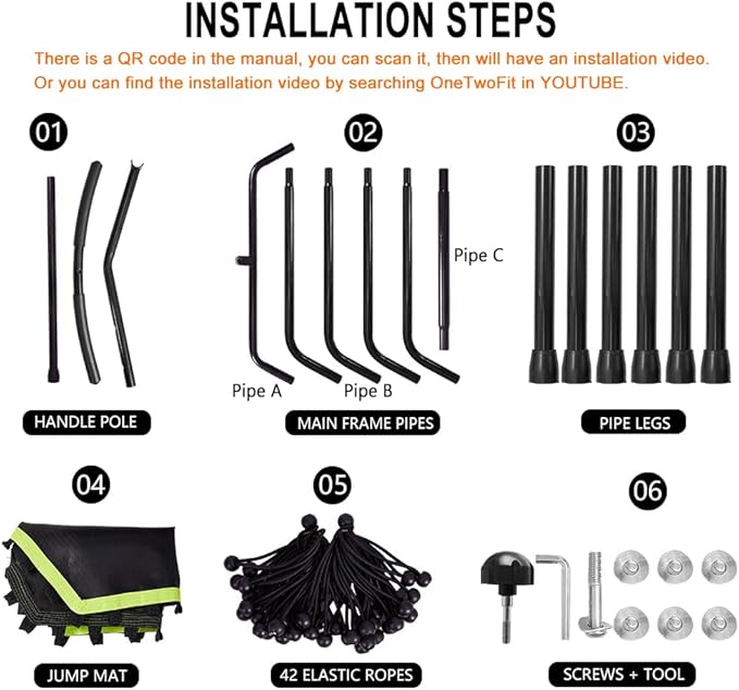 ONETWOFIT 48" Silent Mini Trampoline with Adjustable Handle Bar Fitness Trampoline Bungee Rebounder Jumping Cardio Trainer Workout for Adults