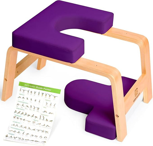 Yoga Headstand Bench, Stand Yoga Chair for Balance Training, Core Strength Building, Upside Down Chair for Relaxation, Handstand Trainer Inversion Chair for Home Gym (Wood Purple)
