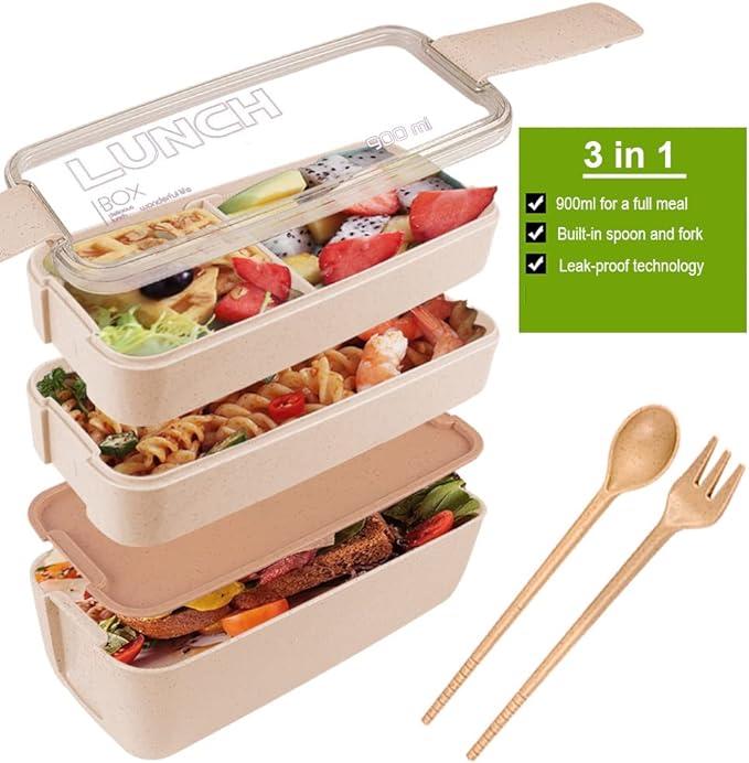 Iteryn Bento Adults Lunch Box, Stackable Bento Box, 3-In-1 Compartment - Wheat Straw, Leakproof Bento Lunch Box Meal Prep Containers