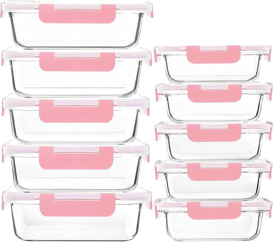 M MCIRCO [10-Pack Meal Prep Containers with Snap Locking Lids, Glass Airtight Lunch, Food Storage Containers, Microwave, Oven, Freezer and Dishwasher Friendly, Pink