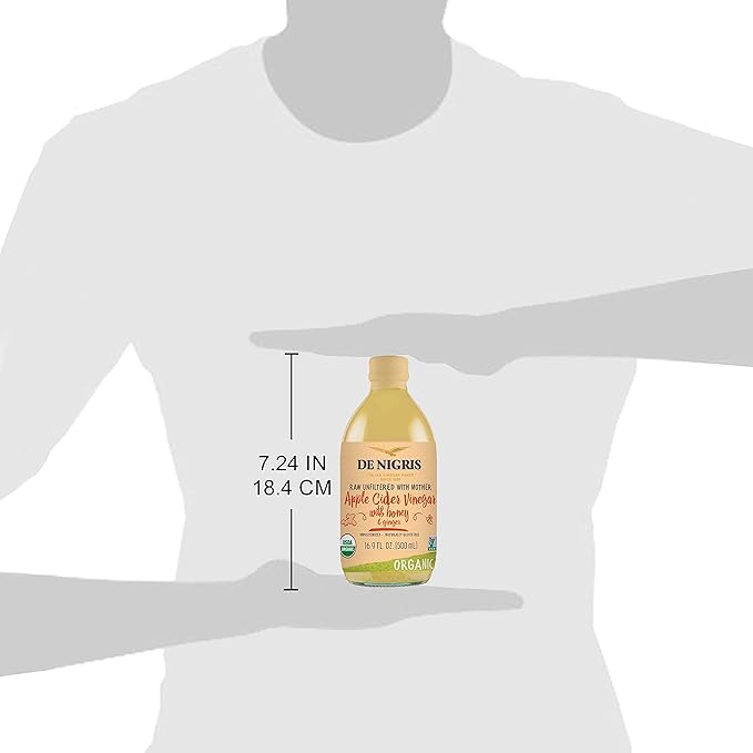 De Nigris Organic Apple Cider Vinegar With Honey & Ginger, Raw & Unfiltered 16,9 Oz (Pack of 2) | Apple Cider Vinegar With Mother For The Balance Of Metabolism, Organic