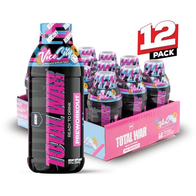 REDCON1 Total War Ready to Drink Preworkout, Vice City - 350mg of Fast Acting RTD Caffeine - Beta Alanine + Citrulline Malate for Increased Pump - Keto Friendly Workout Drink (12 Servings)