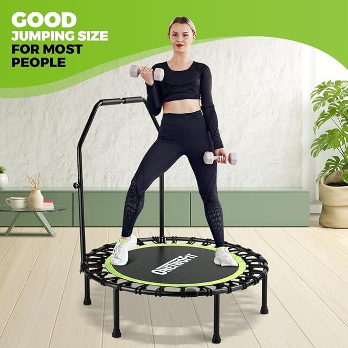 ONETWOFIT Foldable Rebounder Trampoline for Adults, 40/42/45” Mini Fitness Trampoline W/Adjustable Foam Handle Bungees, Quiet Exercise Trampoline for Personal Indoor Workout