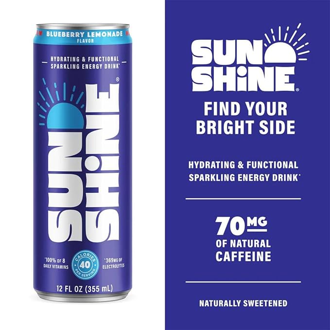 Sunshine Sparkling Energy Drink, Blueberry Lemonade with Daily Essential Vitamins, 360mg of Electrolytes, 70mg of Natural Caffeine, 12 Fl Oz (Pack of 24)