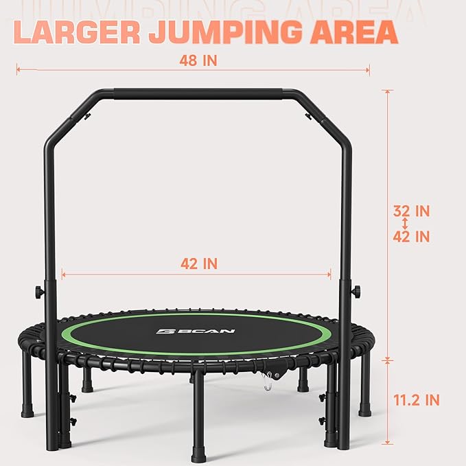 BCAN 40"/48" Foldable Mini Trampoline with Resistance Band, 450 LBS Adult Fitness Trampoline with Bungees, U Shape Adjustable Foam Handle, Stable & Quiet Indoor/Garden