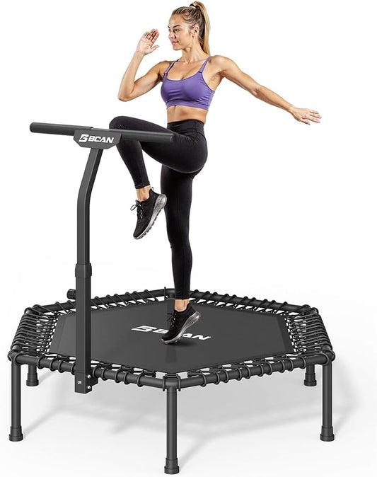 BCAN 51" Mini Hexagon Trampoline, Max Load 450 LBS Fitness Trampoline with T-Adjustable Handle Bar, Silent Bungees, Larger, More Stable, Quieter Exercise Rebounder for Adults Indoor/Garden Workout