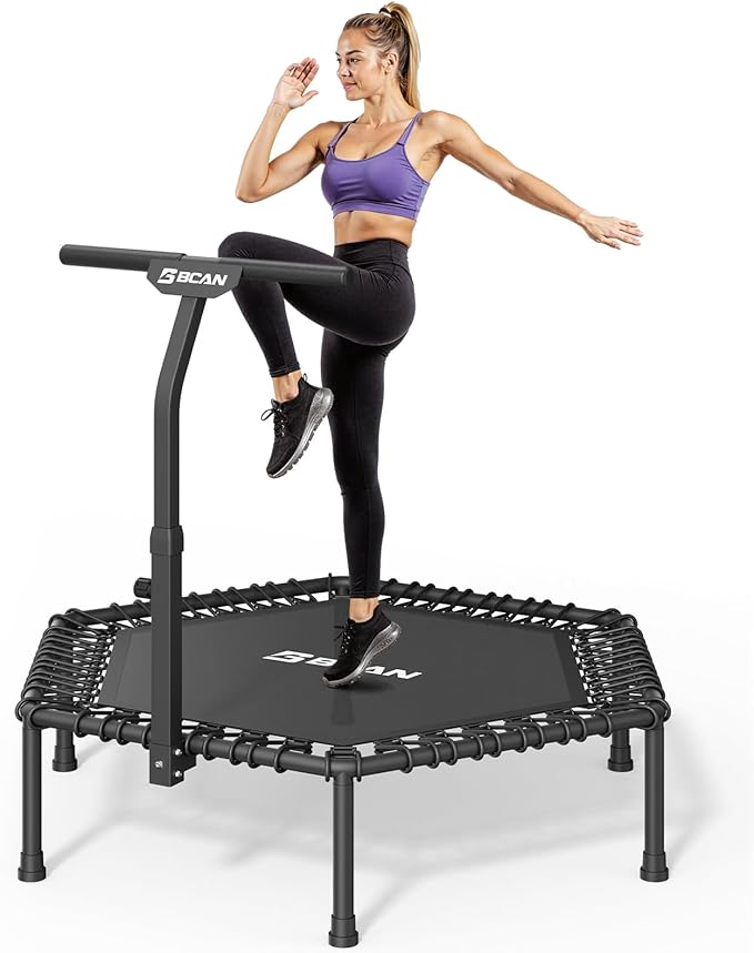BCAN 51" Mini Hexagon Trampoline, Max Load 450 LBS Fitness Trampoline with T-Adjustable Handle Bar, Silent Bungees, Larger, More Stable, Quieter Exercise Rebounder for Adults Indoor/Garden Workout