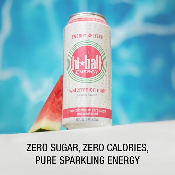 Hiball Clean Energy Drink - Watermelon Mint - Zero Sugar, Zero Calorie Sparkling Water with 160mg Organic Caffeine, 50mg Organic Ginseng, 50mg Organic Guarana and B Vitamins - 16 fl oz (8-Pack)